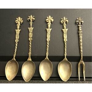 4 Italian Montagnani Demitasse Spoons w Bonus Fork Fleur De Lue Crest